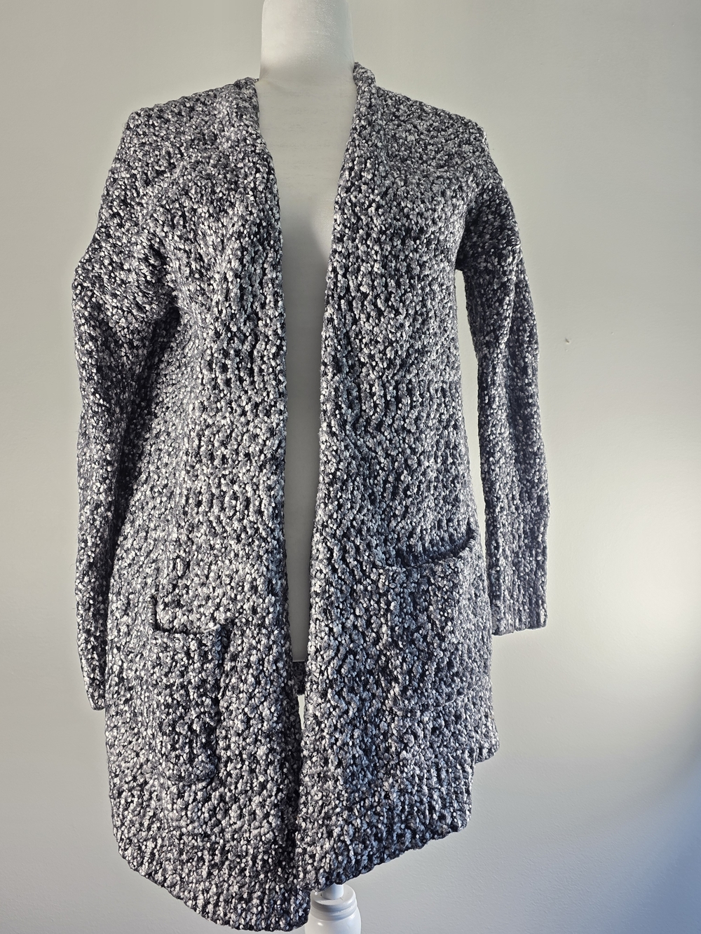 Ruby Moon Women’s Size L Black Gray Bouclé Open Front Long Cardigan Sweater